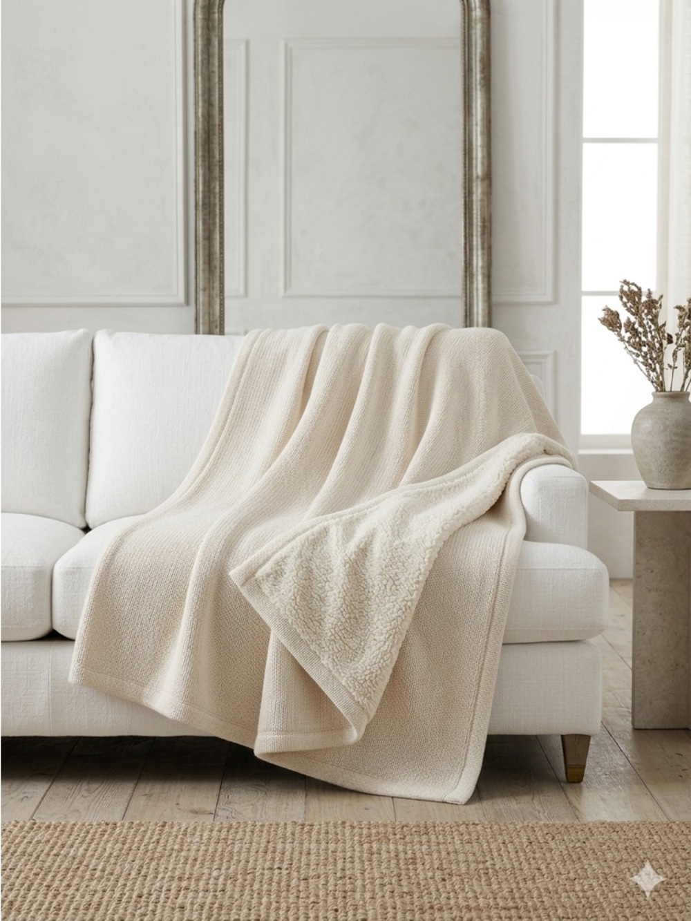 POTTERY BARN Chunky Knit Sherpa Backed Blanket Ivory Cream Queen 90x96